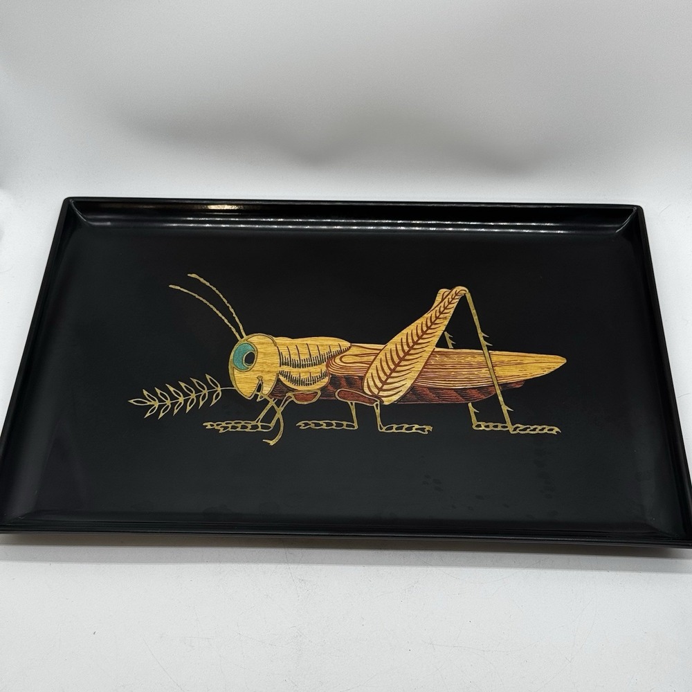 Vtg COUROC LARGE Black Resin Inlay Rectangular Tray GRASSHOPPER 15.5"x10.5" RARE